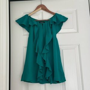 bebe Teal Ruffle Front Cap Sleeve 100% Silk Blouse w/ Dark Light Stripes Size XS
